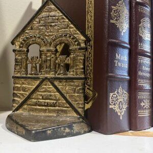 1928 The Belfry Traditional Cast Iron Bookends Figural Connecticut Foundry Set